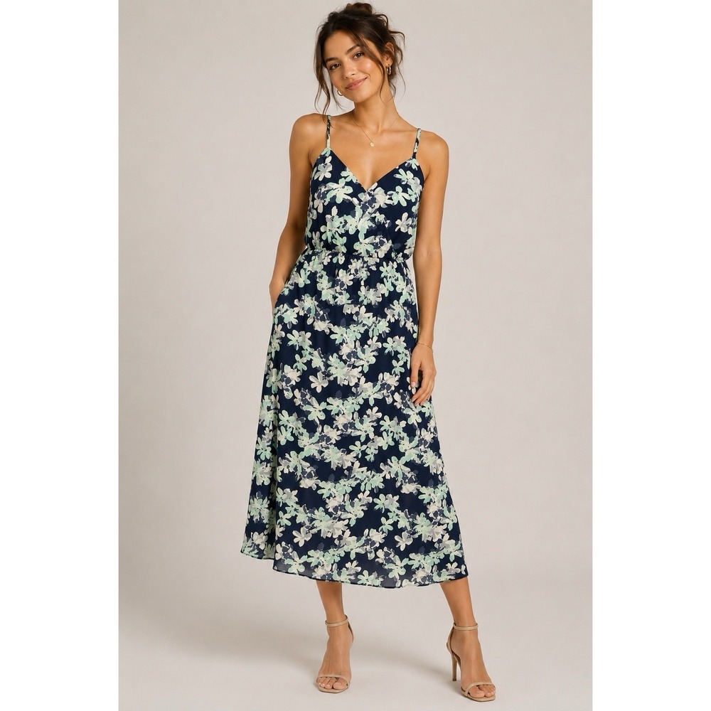 Banana Republic Petite Floral Midi Dress Navy Mint Sleeveless Wrap‎ Look 2P